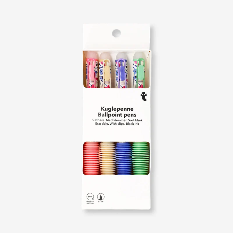 Erasable ballpoint pens with clips and floral design - 4 pcs