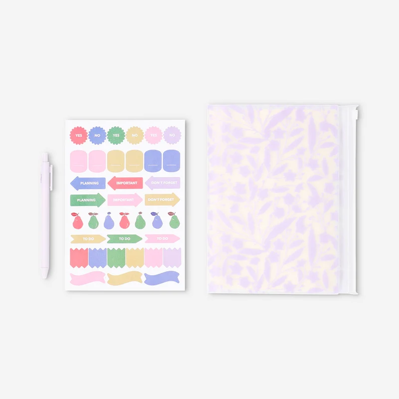 Floral notebook with ballpoint pen and stickers
