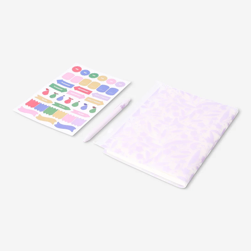 Floral notebook with ballpoint pen and stickers