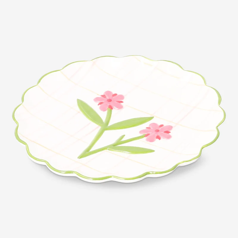 Ceramic plate with hand-painted stripes and flower design - 20 cm