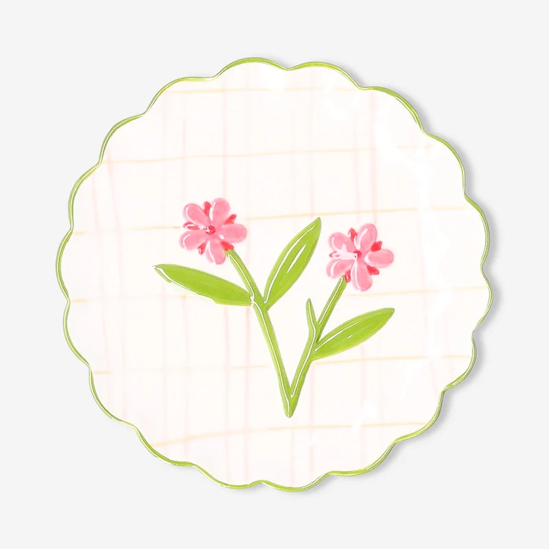 Ceramic plate with hand-painted stripes and flower design - 20 cm