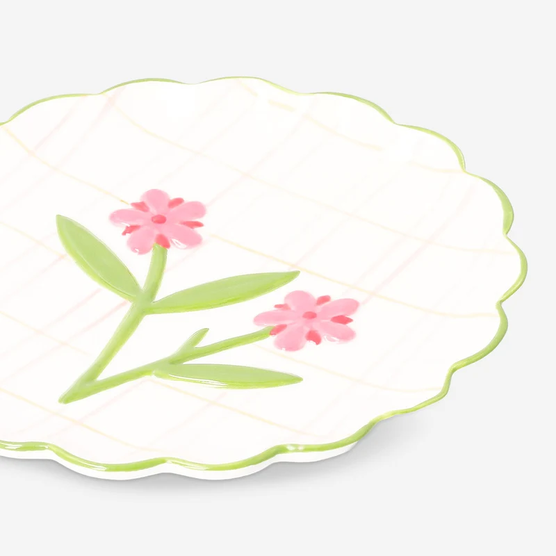 Ceramic plate with hand-painted stripes and flower design - 20 cm