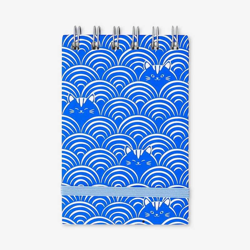 Blue notepad with spirals and cat print