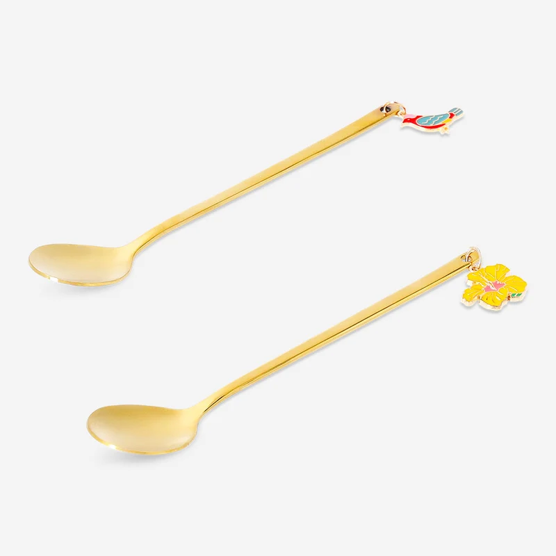 Gold dessert spoons with tropical flower decoration - 2 pcs