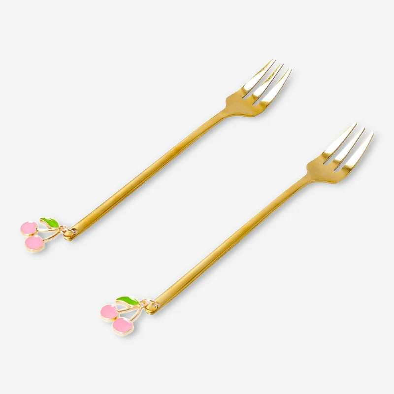 Gold dessert forks with cherry decorations - 2 pcs
