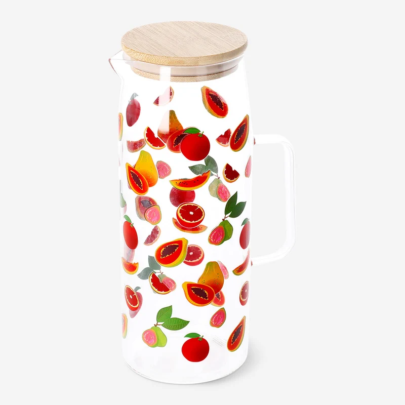 Glass jug with bamboo lid and fruit print - 1.15 L