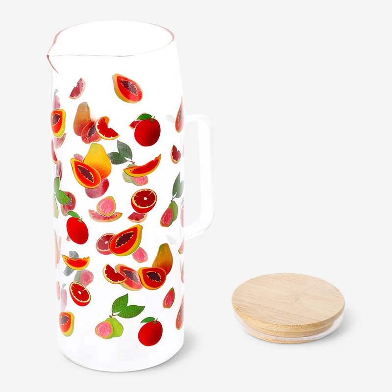 Glass jug with bamboo lid and fruit print - 1.15 L