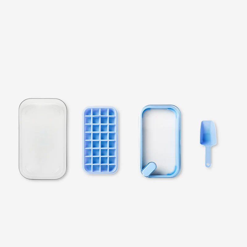 Blue ice cube tray with storage box and ice scoop