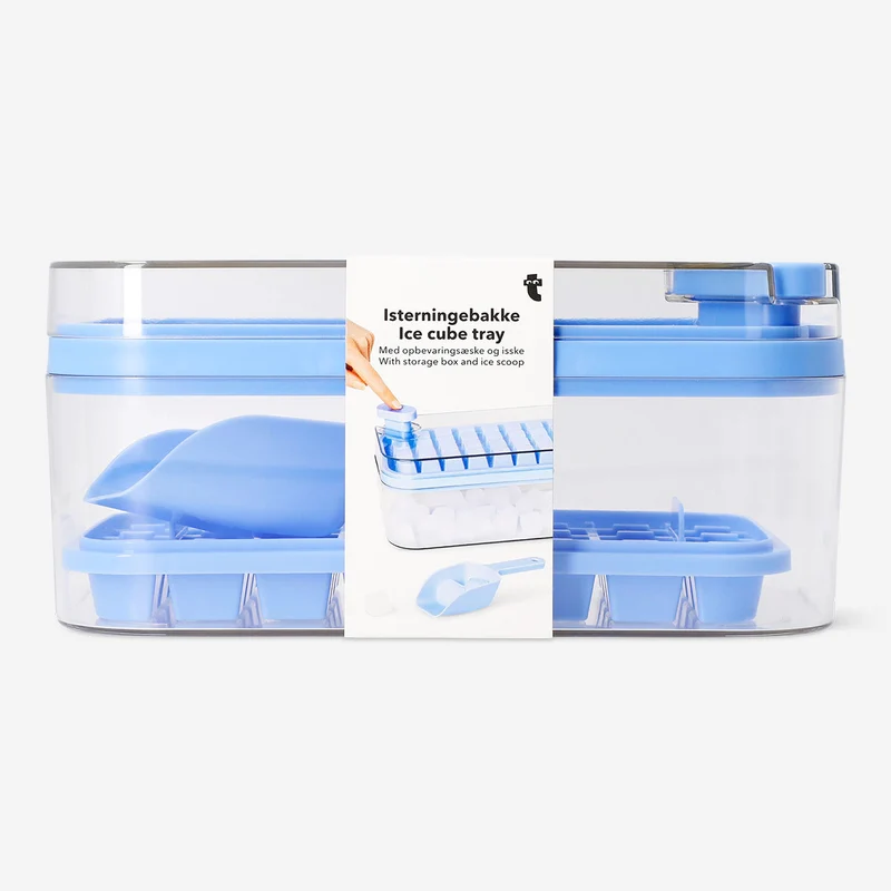 Blue ice cube tray with storage box and ice scoop