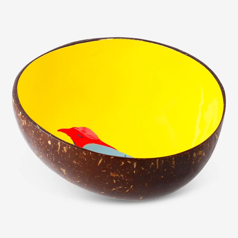 Decorative coconut bowl with hand-painted bird - 13 cm
