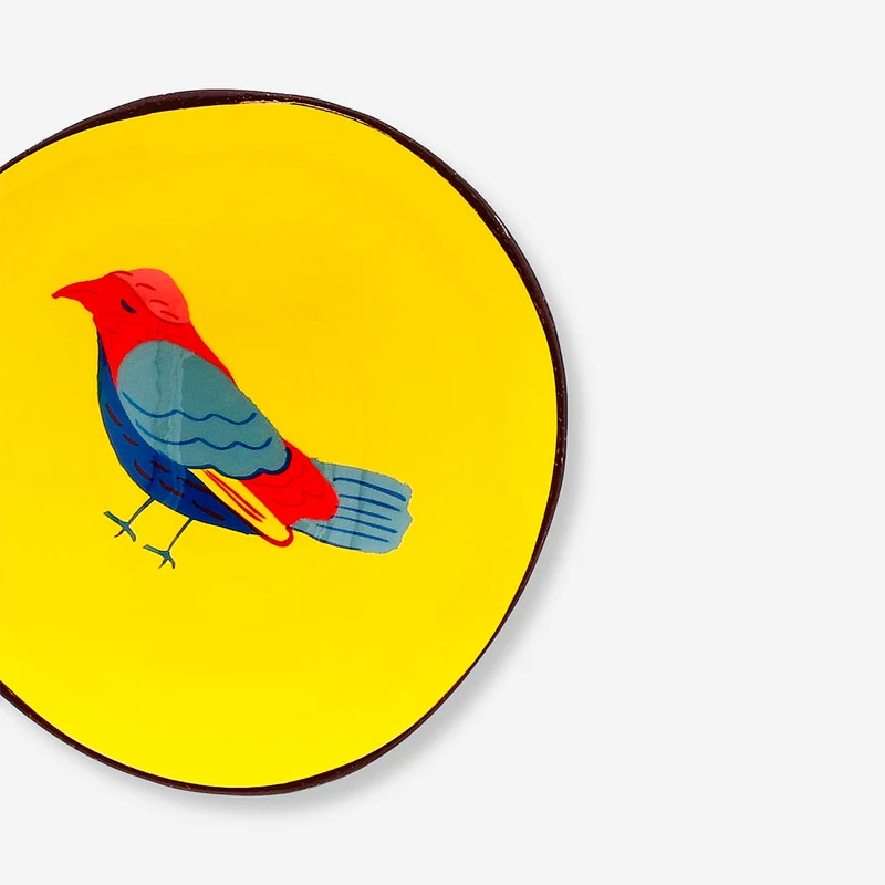 Decorative coconut bowl with hand-painted bird - 13 cm