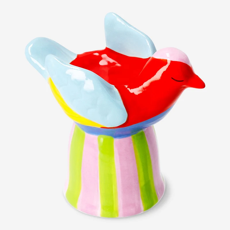 Ceramic bird tealight holder with striped base