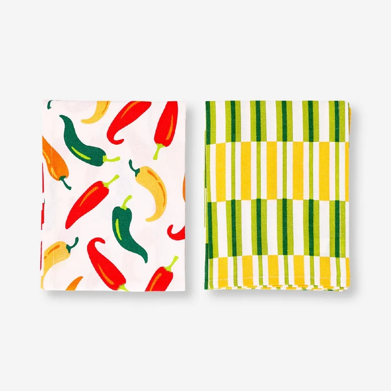 Set of tea towels with chillies and stripes - 2 pcs