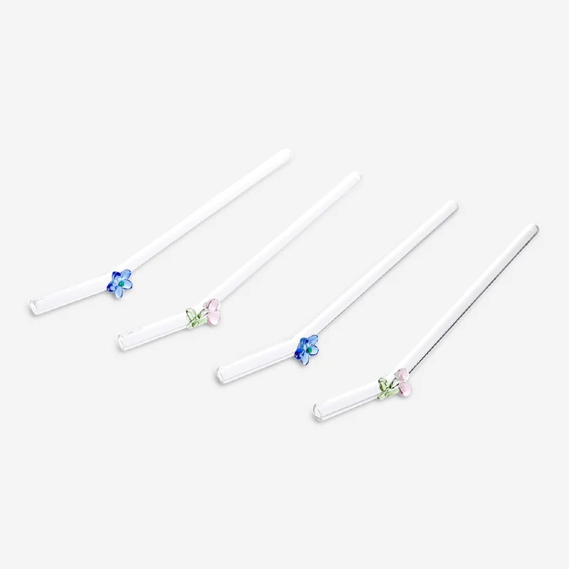 Glass straws with flower and cherry decorations - 4 pcs