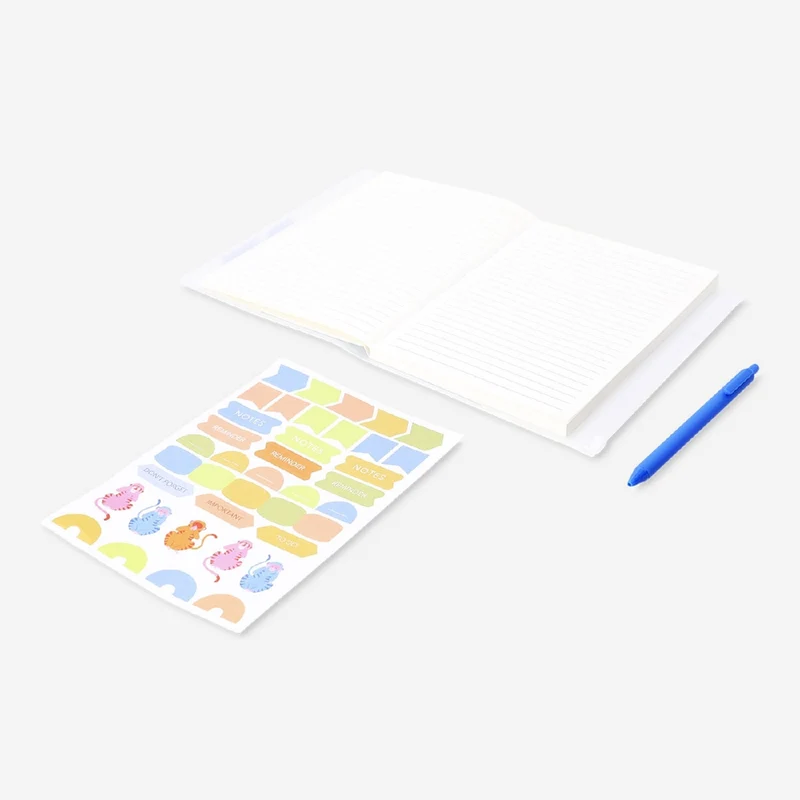 A6 leaf notebook with zip pocket and stickers