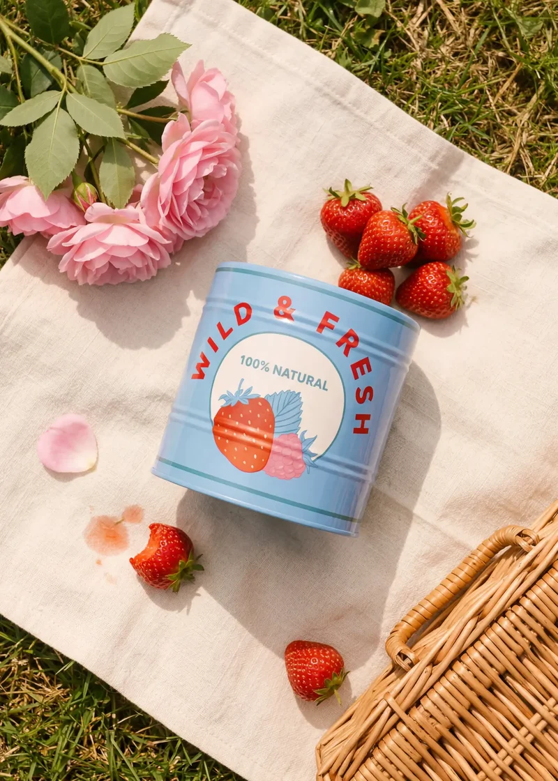Metal storage tin with berry print - 11 cm