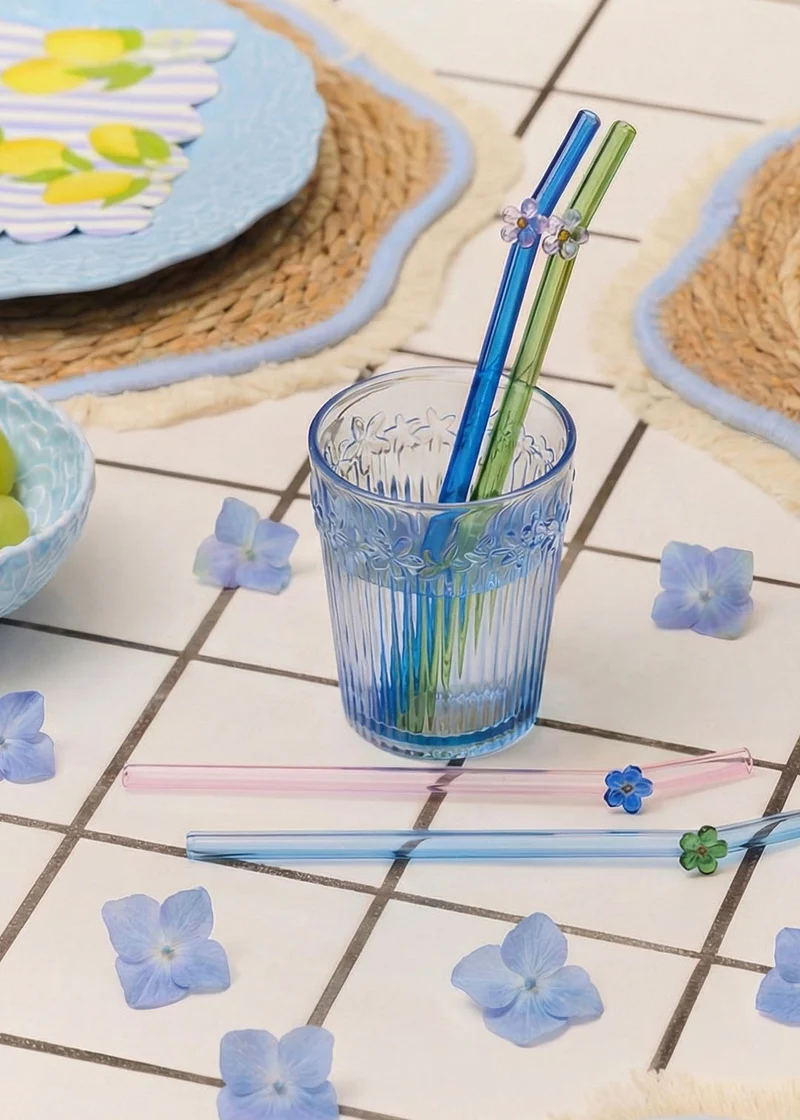 Glass straws with flowers - 4 pcs