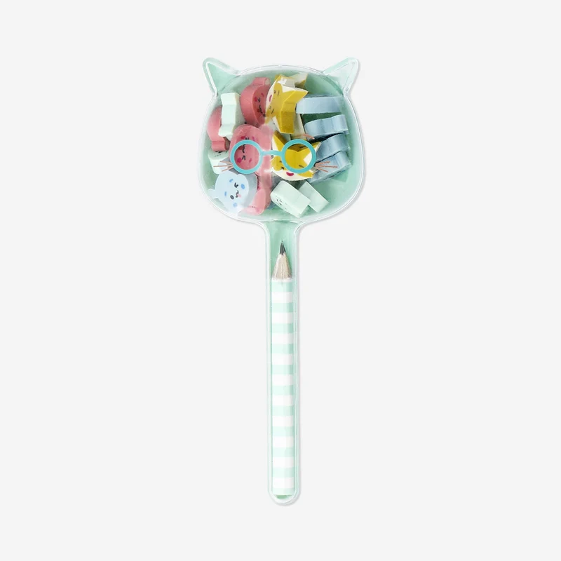 Pencil with mini cat erasers