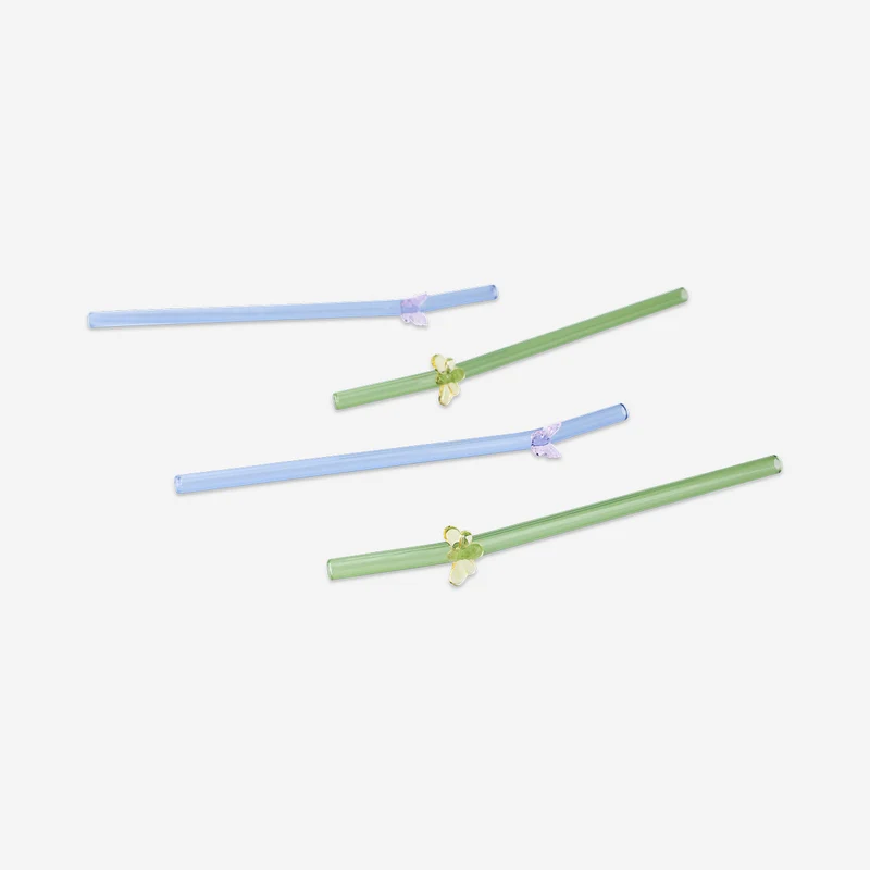Glass straws with bees and butterflies - 4 pcs