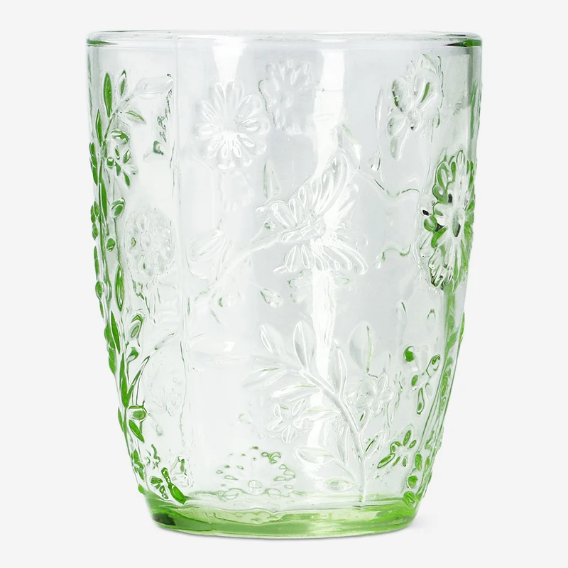 Green drinking glass with embossed flowers - 220 ml