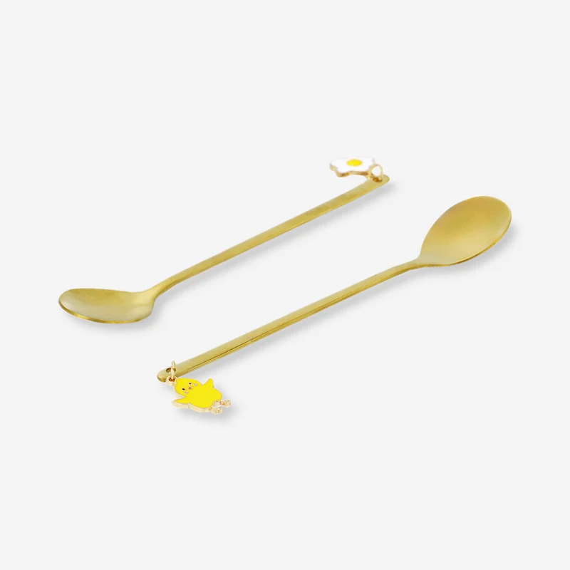 Gold dessert spoons with chick and fried egg charms - 2 pcs