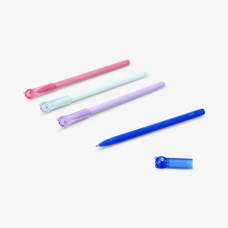 Glitter gel pens with bear topper - 4 pcs