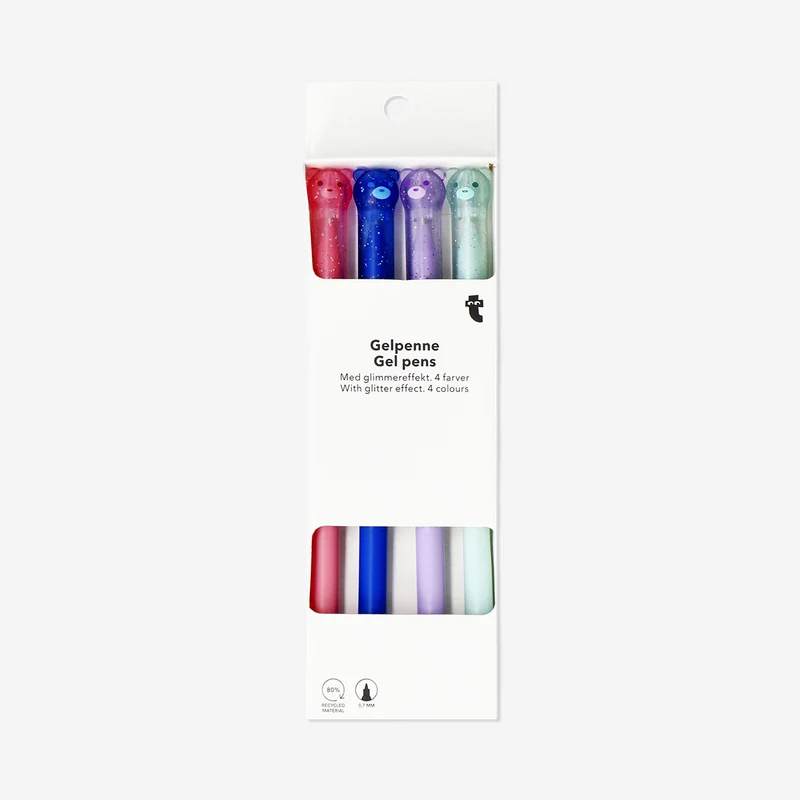 Glitter gel pens with bear topper - 4 pcs