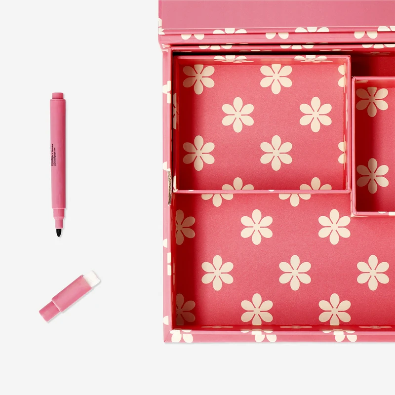Pink floral desk tidy with planner board and marker