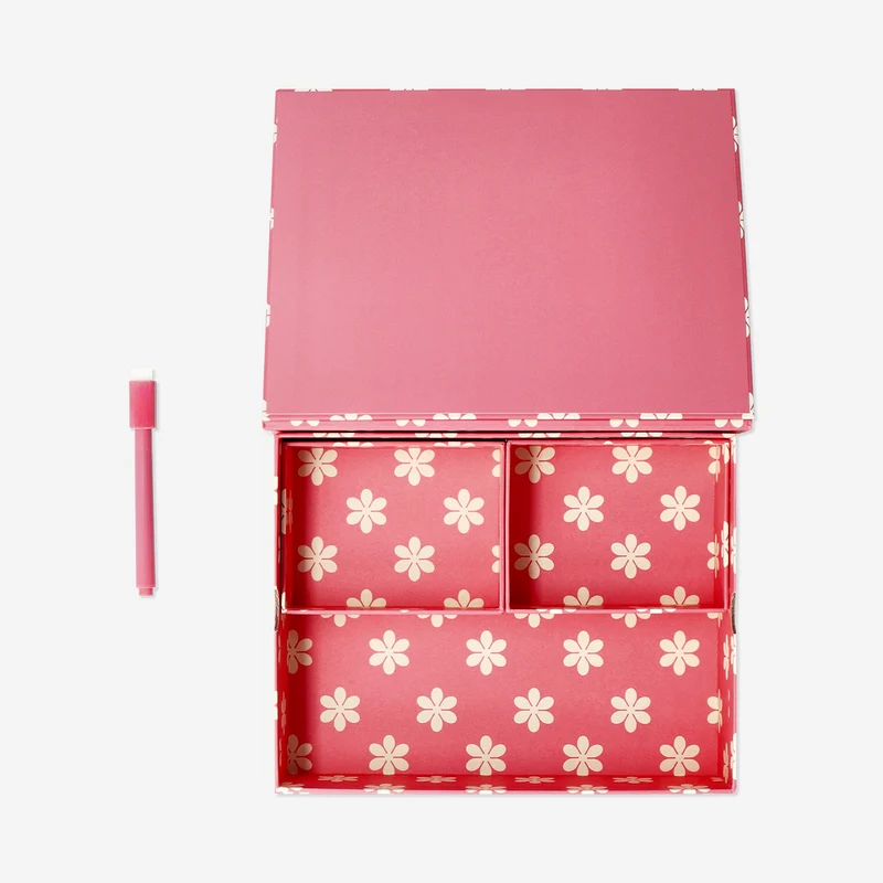 Pink floral desk tidy with planner board and marker