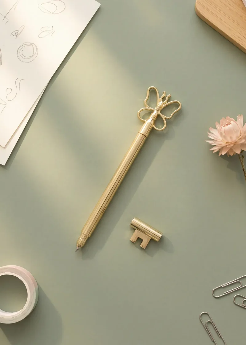 Gold ballpoint pen with butterfly