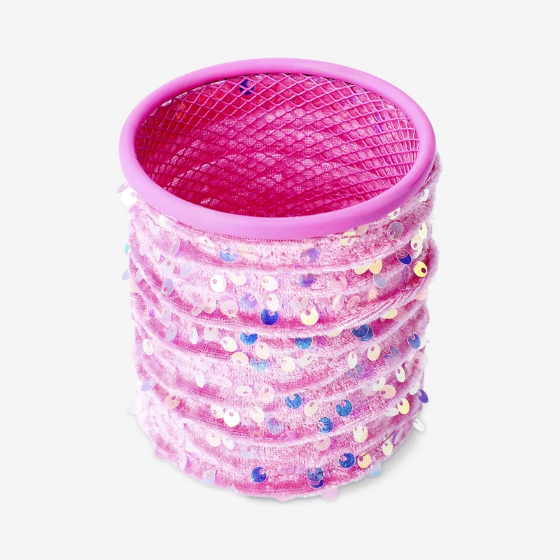 Pink pencil holder with sequins