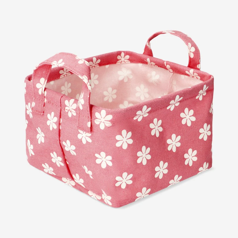 Pink floral textile storage basket - 18 cm