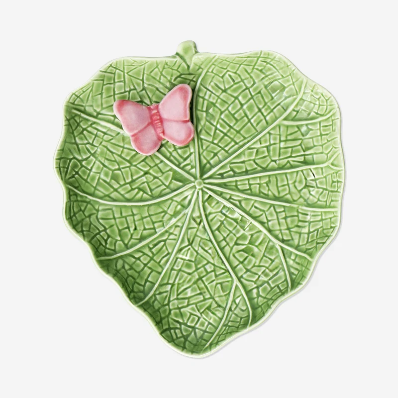Green leaf plate with butterfly - 20 cm