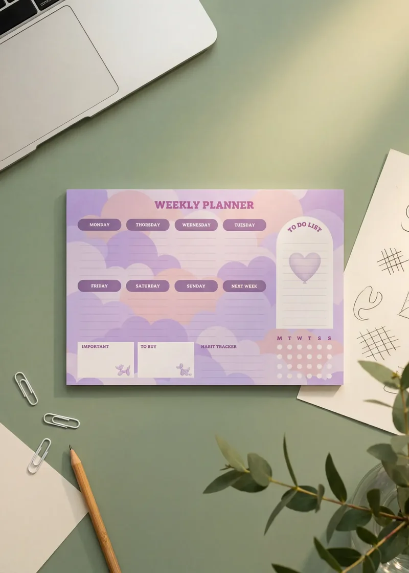Purple weekly planner with goals