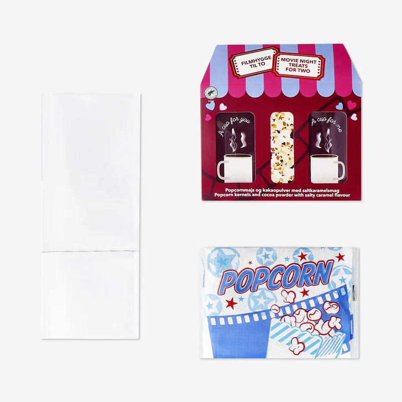 Movie night kit with hot chocolate and popcorn