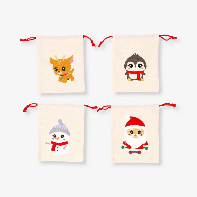 Cotton gift bags with Christmas characters - 4 pcs