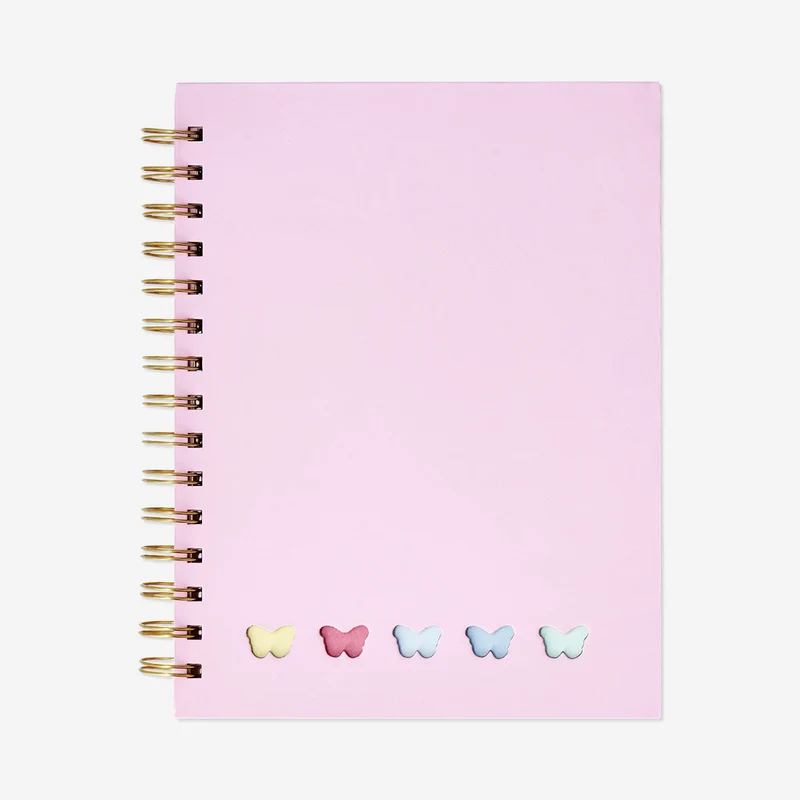 Pink butterfly notebook with pen and sticky memos