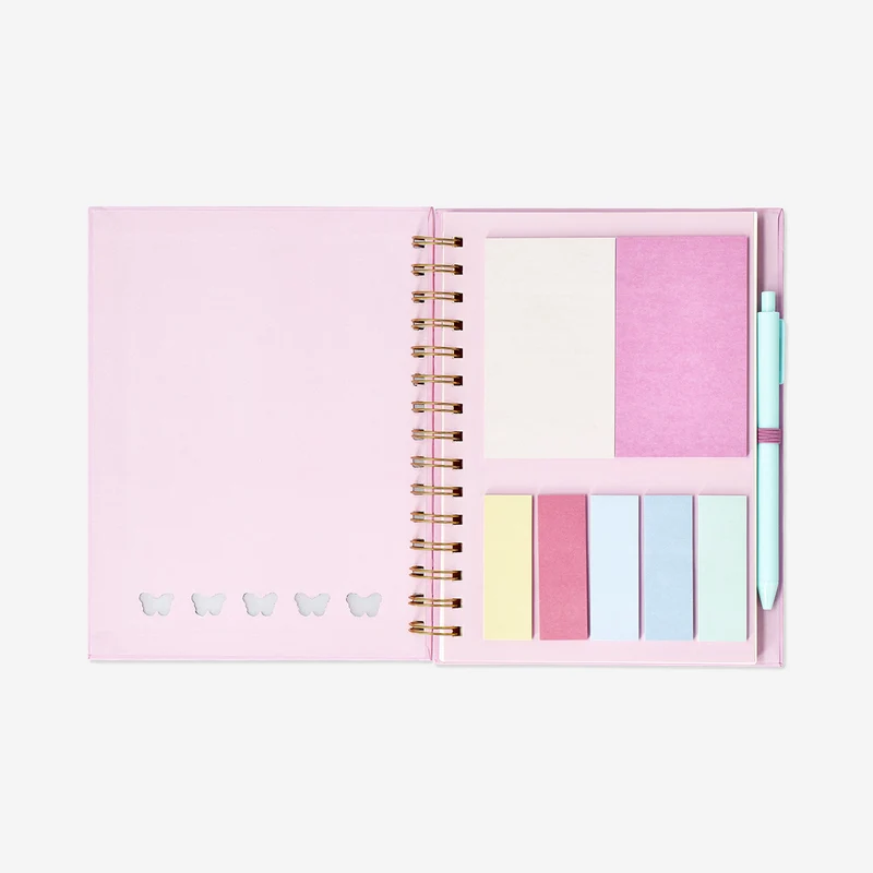 Pink butterfly notebook with pen and sticky memos