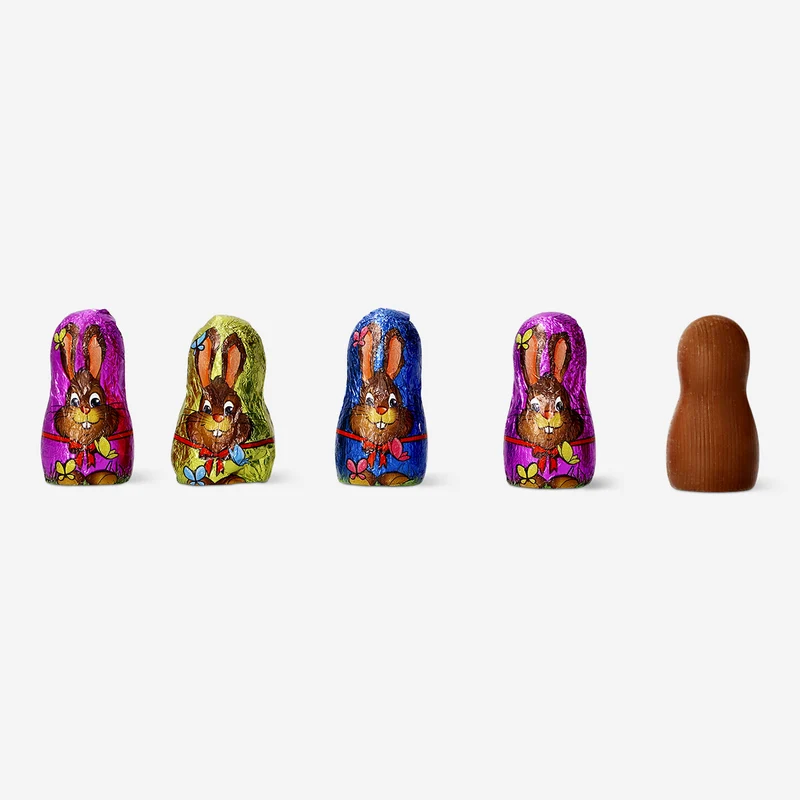 Cocoa confectionery bunnies in house