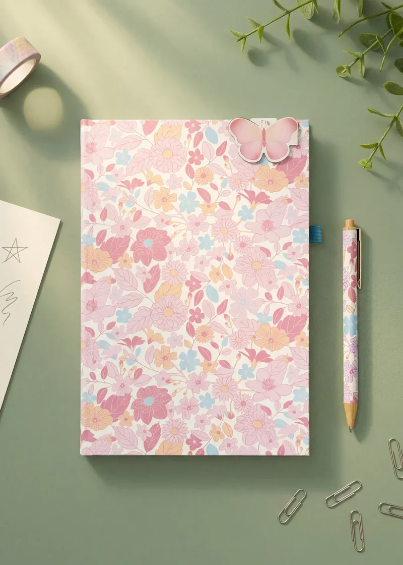 A5 floral notebook with pen and magnetic bookmark