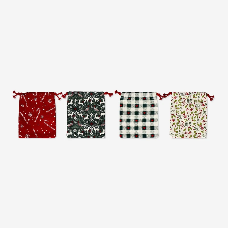 Draw string gift bags with Christmas prints - 4 pcs