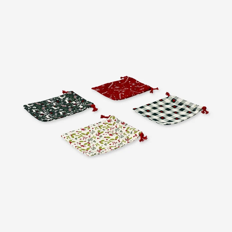 Draw string gift bags with Christmas prints - 4 pcs