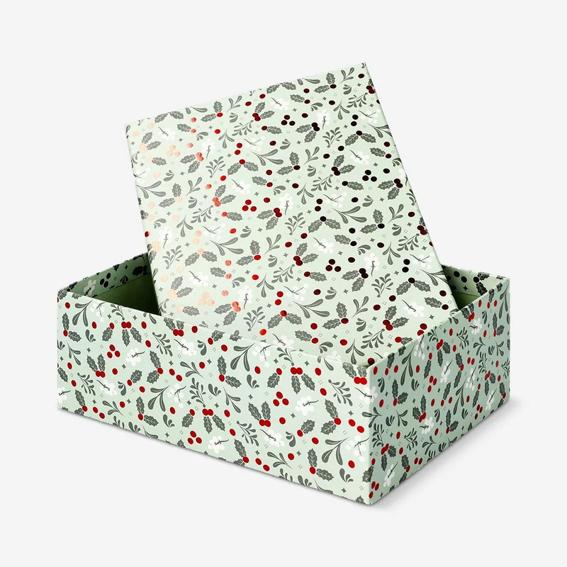 Large gift box with holly print - 21 cm
