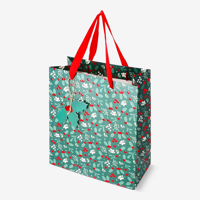 Gift bag with debossed holly print - 23 cm