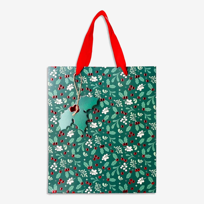 Gift bag with debossed holly print - 23 cm