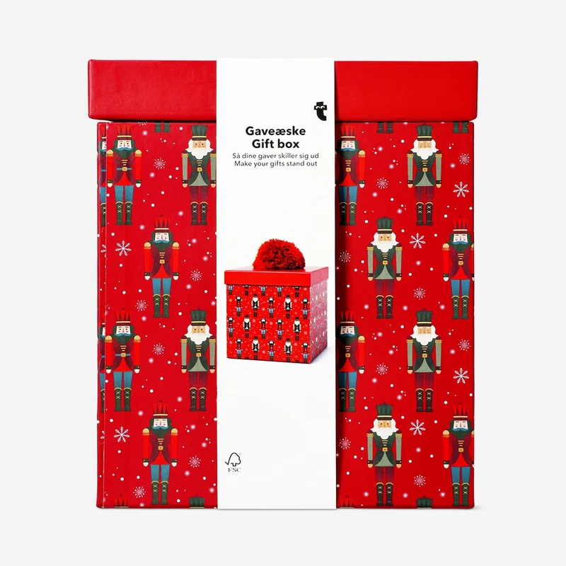 Red gift box with nutcracker motif - 16 cm