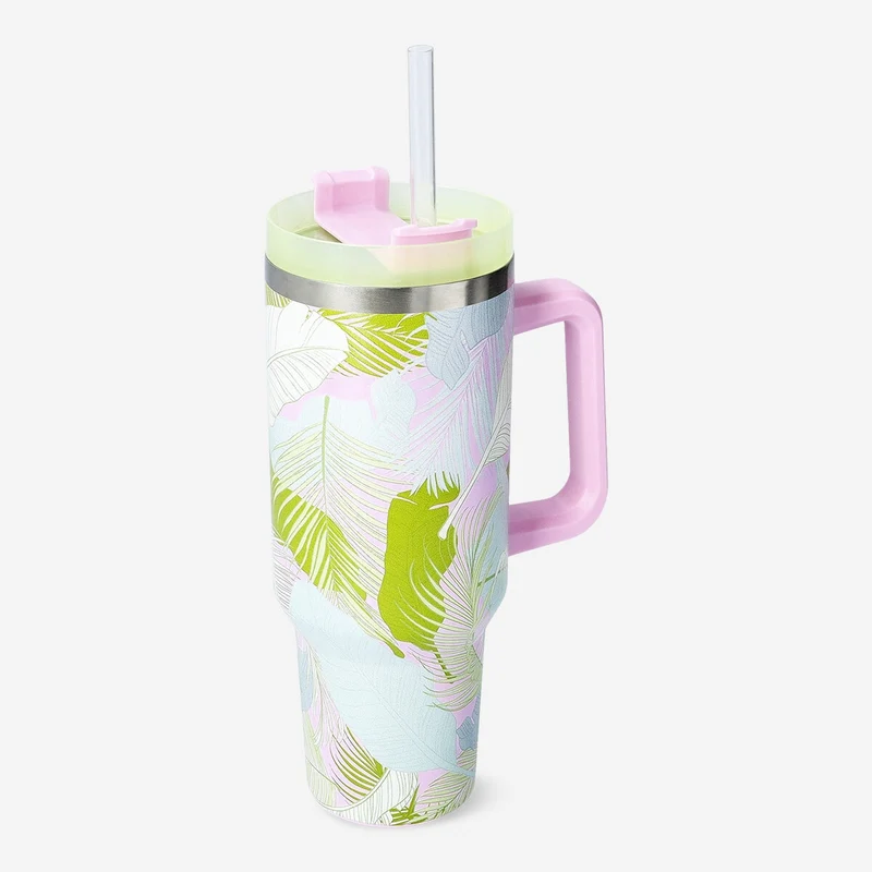 Palm leaves printed tumbler with lid and straw - 1200 ml