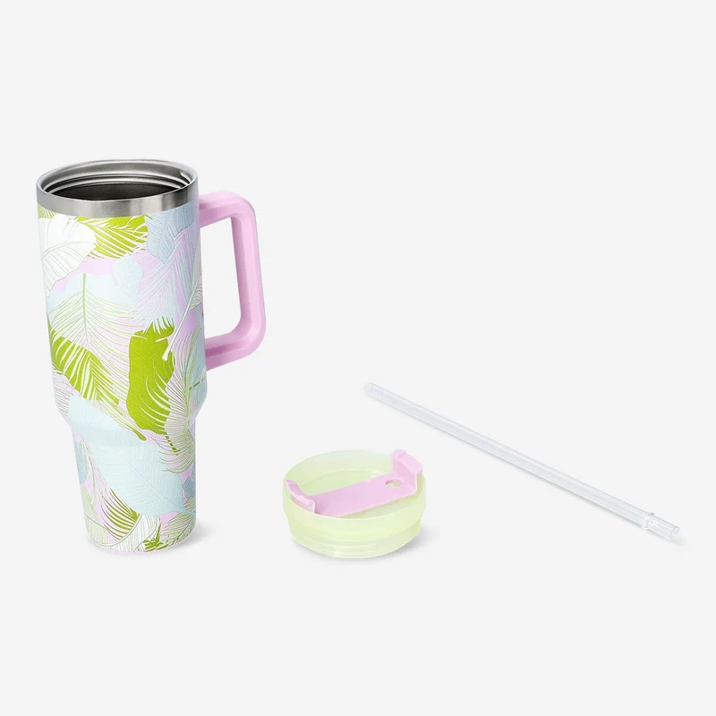 Palm leaves printed tumbler with lid and straw - 1200 ml