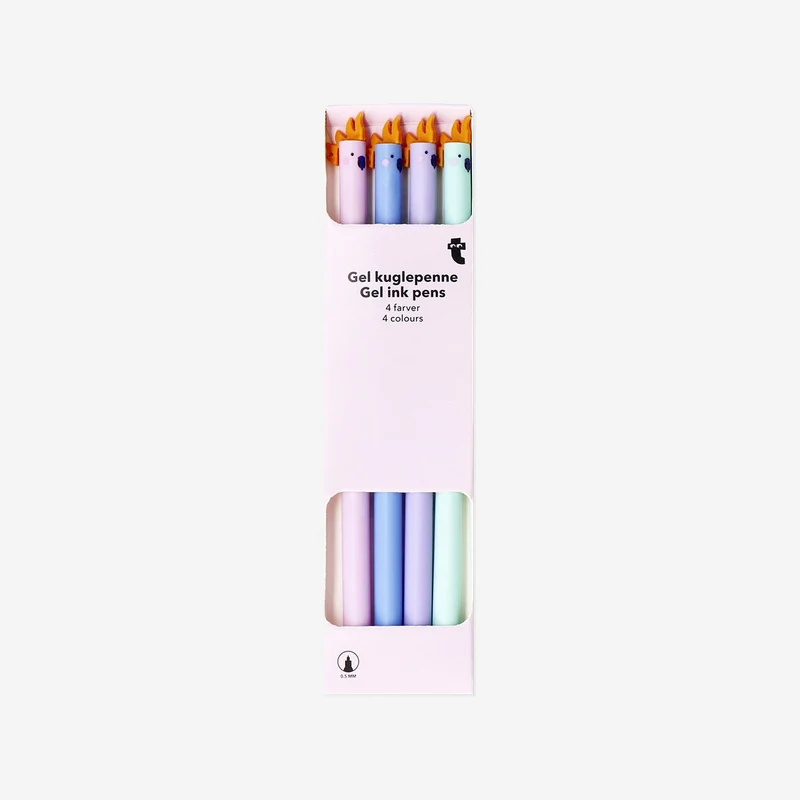 Multi-coloured gel ink pens with parrot topper - 4 pcs