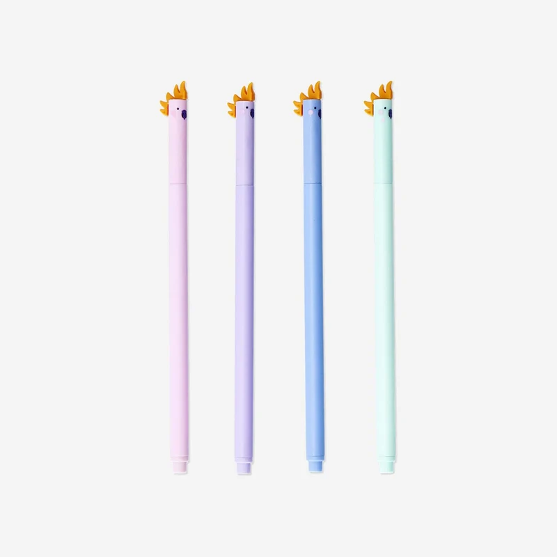 Multi-coloured gel ink pens with parrot topper - 4 pcs